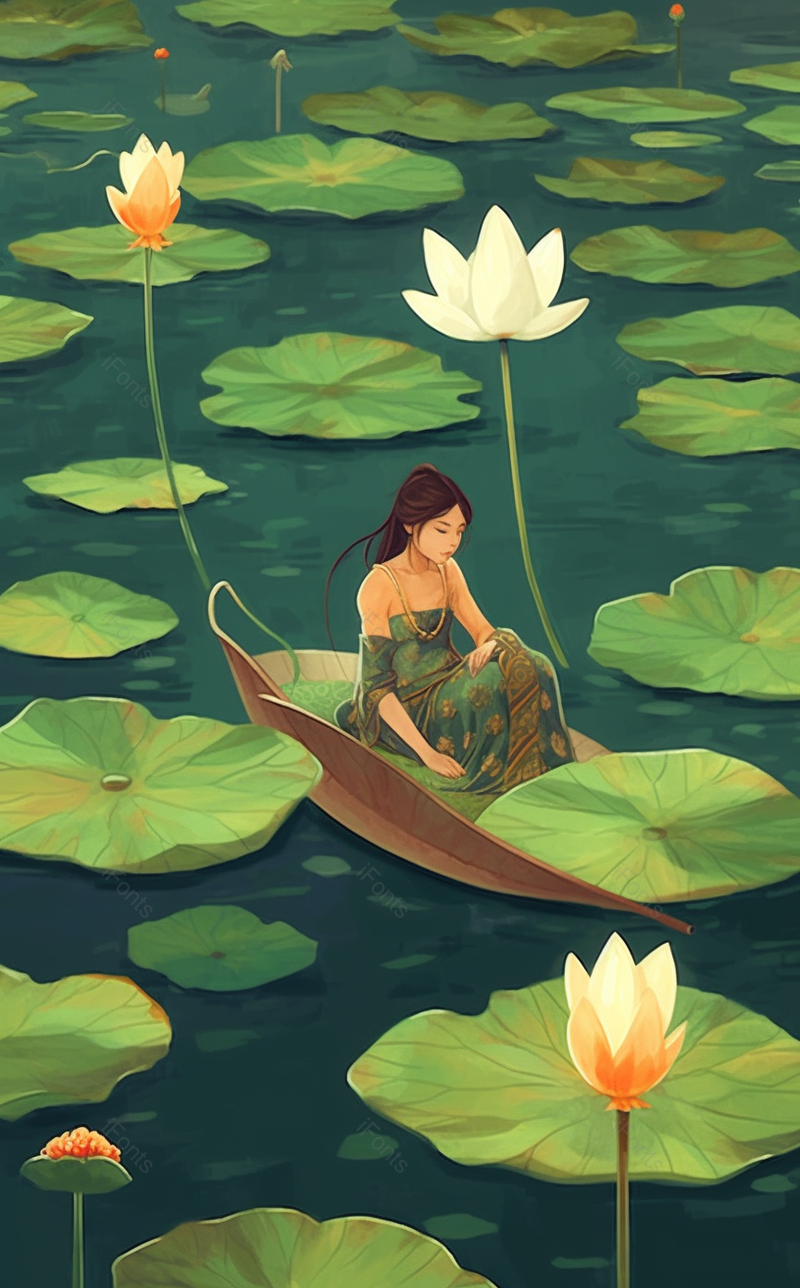 唯美女生节气人物荷塘游船插画背景,插画/手绘图,插画/手绘图库,插画/手绘图下载,插画/手绘